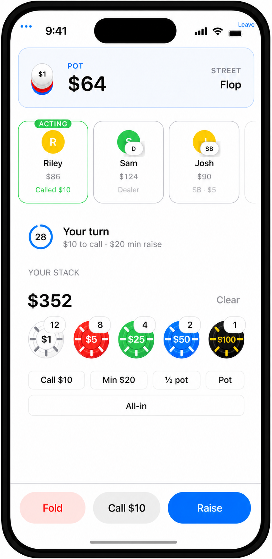 stack. in-game screen showing POT $64, chip row, Fold, Call and Raise buttons