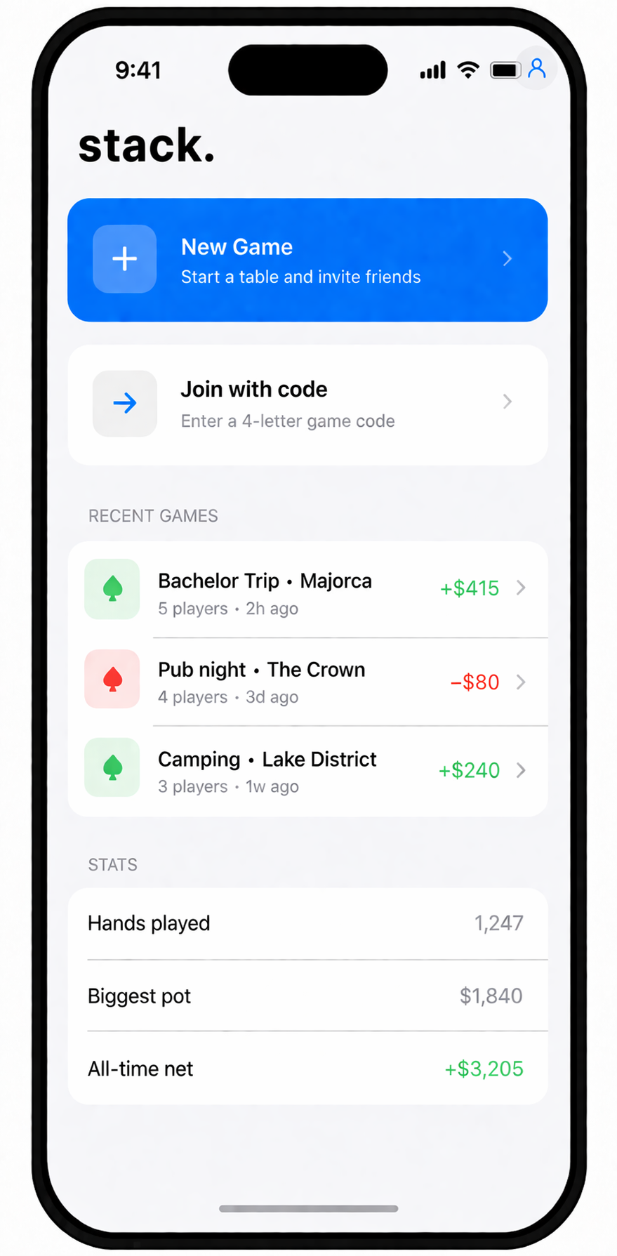 stack. home screen showing New Game, Join with code, and recent games
